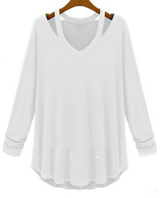 Romwe V Neck Hollow White T-shirt