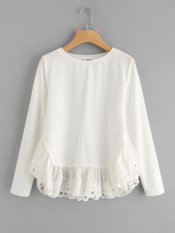 Romwe Eyelet Embroidered Ruffle Trim Sweatshirt
