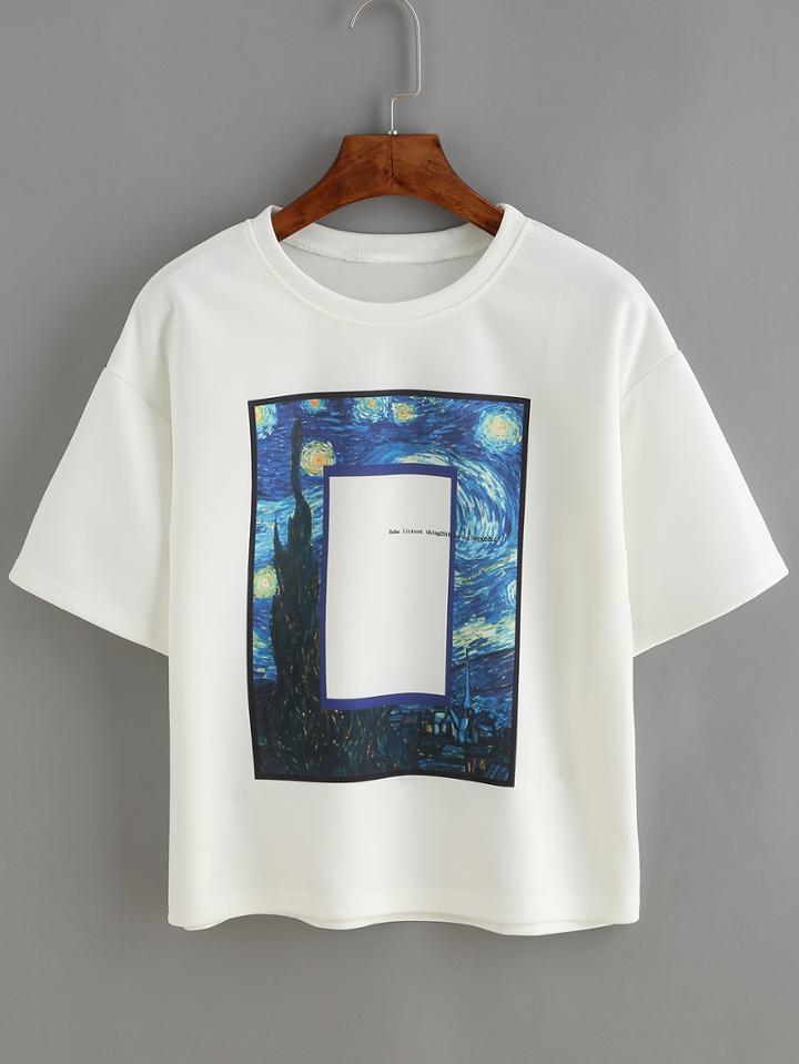 Romwe Tree Print White T-shirt