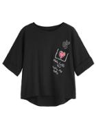 Romwe Black Hart And Sentence Print Dip Hem Cuffed T-shirt