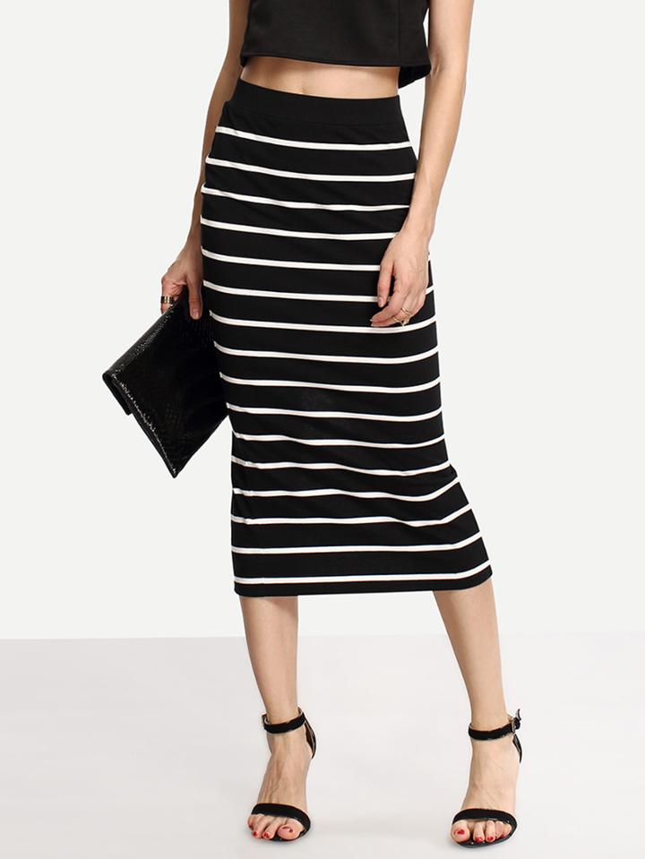 Romwe Contrast Striped Split Back Midi Skirt
