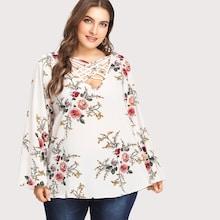 Romwe Plus Botanical Print Criss Cross Front Blouse