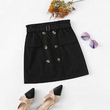 Romwe Double Breasted Belted Skirt