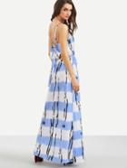 Romwe Blue Stripe And Brush Stroke Print Tie Back Dress