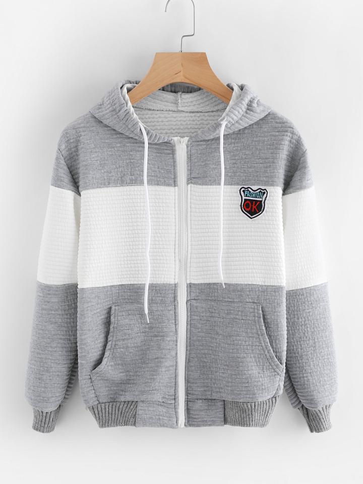 Romwe Hoodie Patch Zip Up Sweatshirt Coat