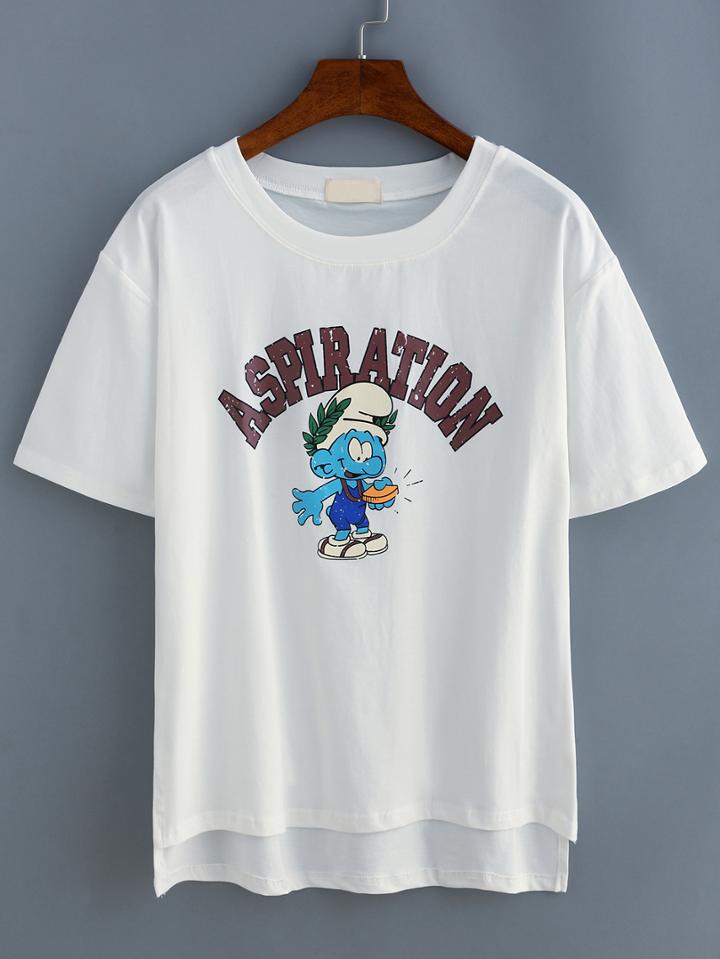 Romwe White Dip Hem Cartoon Print Split T-shirt