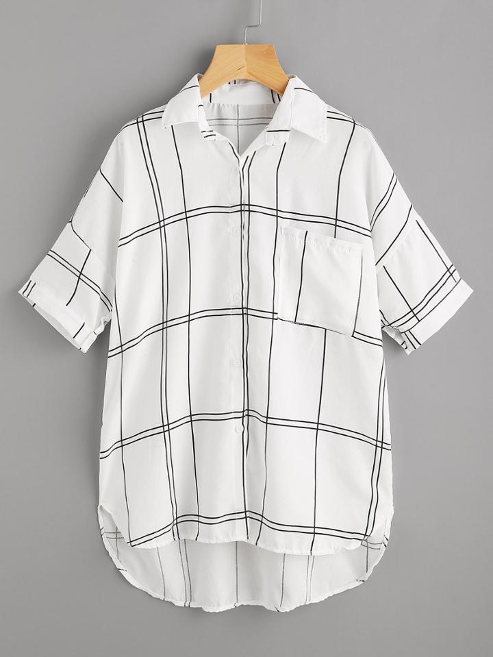 Romwe Checked Dip Hem Shirt With Chest Pocket