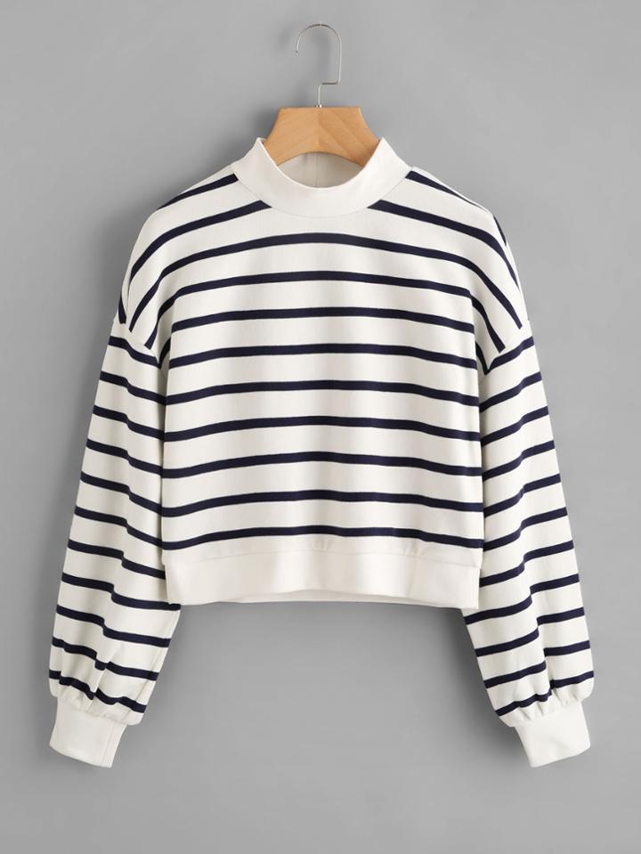 Romwe Mock Neck Crop Striped Sweatshirt