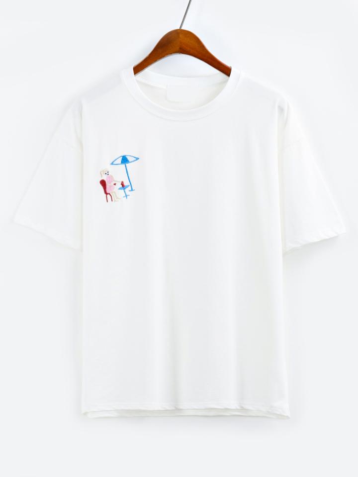 Romwe Embroidered Drop Shoulder T-shirt - White