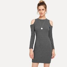Romwe Open Shoulder Rib Knit Trim Solid Dress