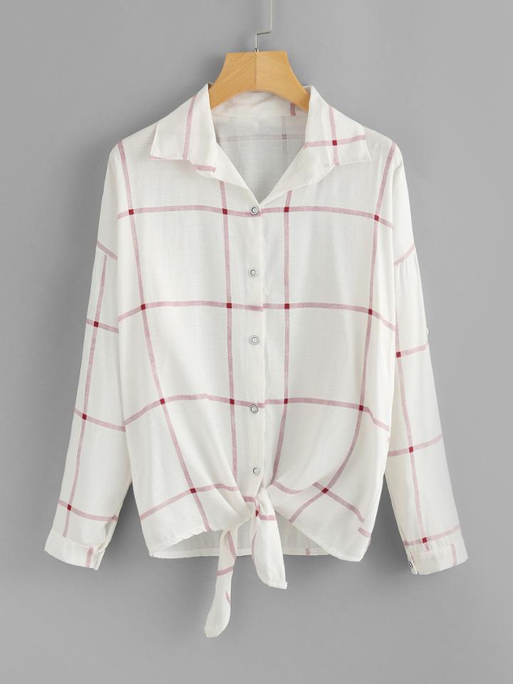 Romwe Knot Front Plaid Shirt