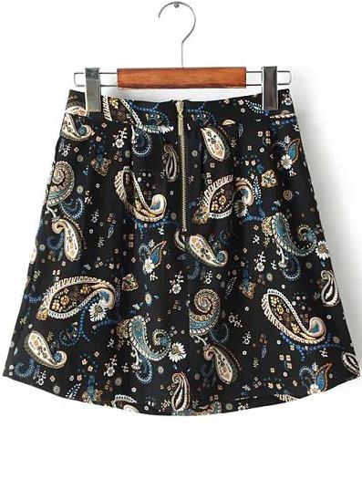 Romwe Cashews Print Zipper Skirt