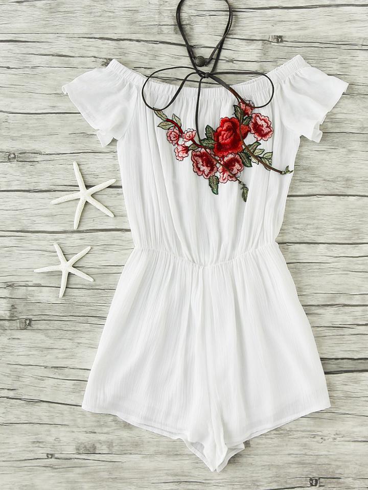 Romwe Embroidered Flower Applique Crinkle Blouson Romper