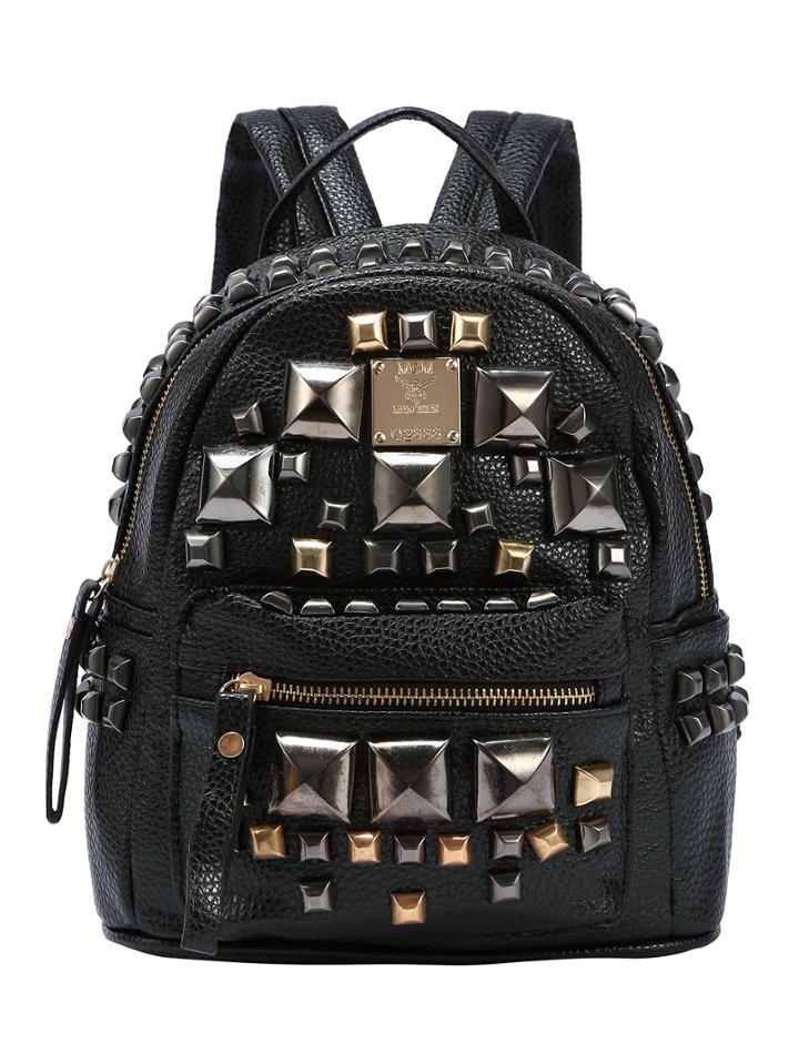 Romwe Black Embossed Faux Leather Studded Backpack