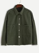 Romwe Army Green Drop Shoulder Embroidered Back Frayed Trim Jacket
