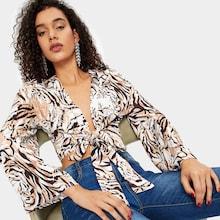 Romwe Tiger Print Bell Sleeve Knot Hem Top