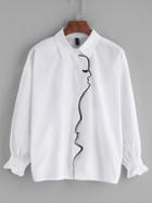 Romwe White Face Line Embroidered Elastic Cuff Top