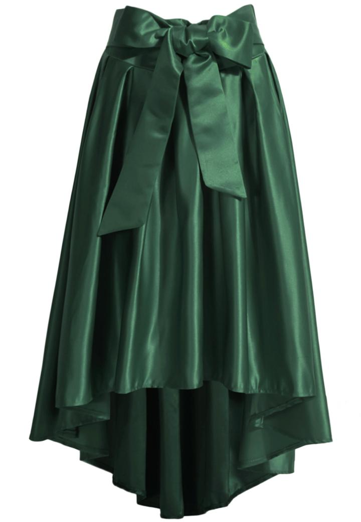 Romwe Bow Dipped Hem Pleated Green Skirt