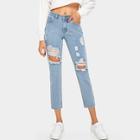 Romwe Ripped Detail Light Wash Jeans