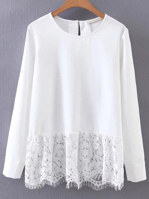 Romwe White Contrast Lace Hem Blouse