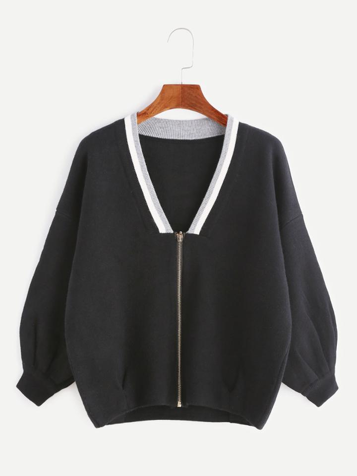 Romwe Black Contrast Neck Drop Shoulder Zip Up Sweater Coat