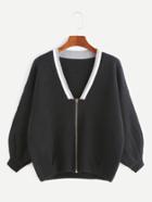 Romwe Black Contrast Neck Drop Shoulder Zip Up Sweater Coat
