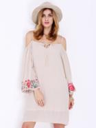 Romwe Apricot Long Sleeve Off The Shoulder Embroidered Dress