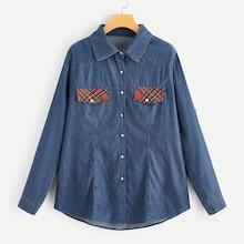 Romwe Plaid Pocket Patched Curved Hem Blouse