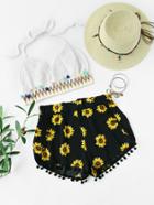 Romwe Sunflower Printed Pom Pom Hem Shorts