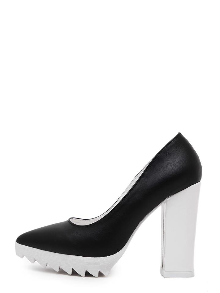 Romwe Black Pointed Toe Zigzag Platform Chunky Pumps