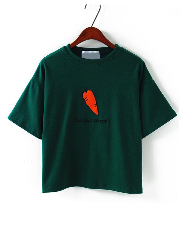 Romwe Carrot Embroidered Loose Green T-shirt