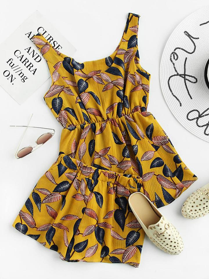 Romwe Leaf Print Random Elastic Top And Shorts Set