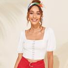 Romwe Puff Sleeve Hook And Eye Front Crop Top