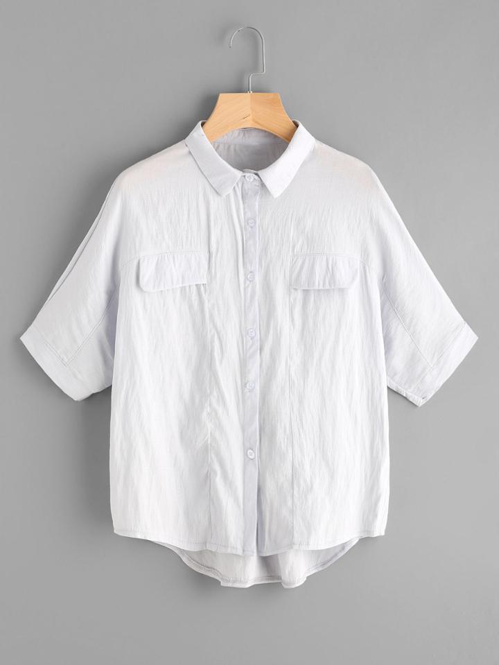 Romwe Dip Hem Shirt With Chest Fake Pockets