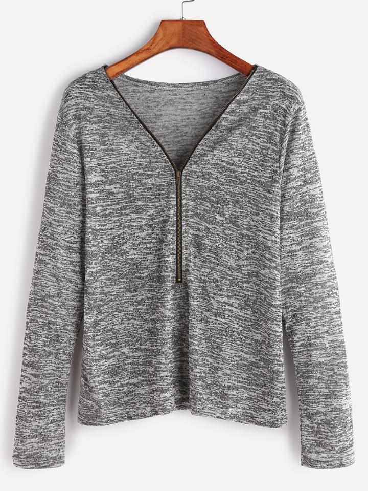 Romwe Heather Grey Zip V Neck Slub T-shirt