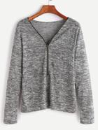 Romwe Heather Grey Zip V Neck Slub T-shirt