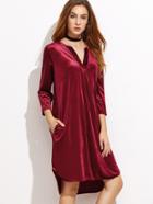 Romwe Burgundy V Neck Velvet High Low Dress