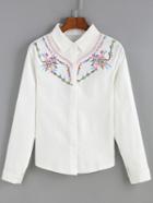 Romwe Lapel Buttons Flower Embroidered Blouse