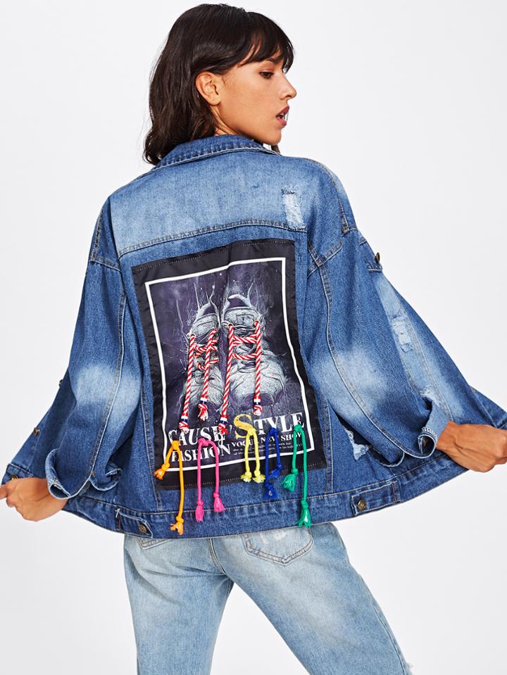 Romwe Patch Back Tie Detail Ripped Denim Jacket