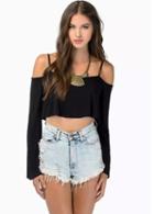 Romwe Black Spaghetti Strap Long Sleeve Crop Blouse