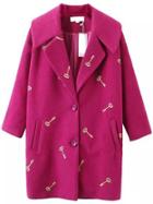 Romwe Lapel Key Embroidered Rose Red Coat