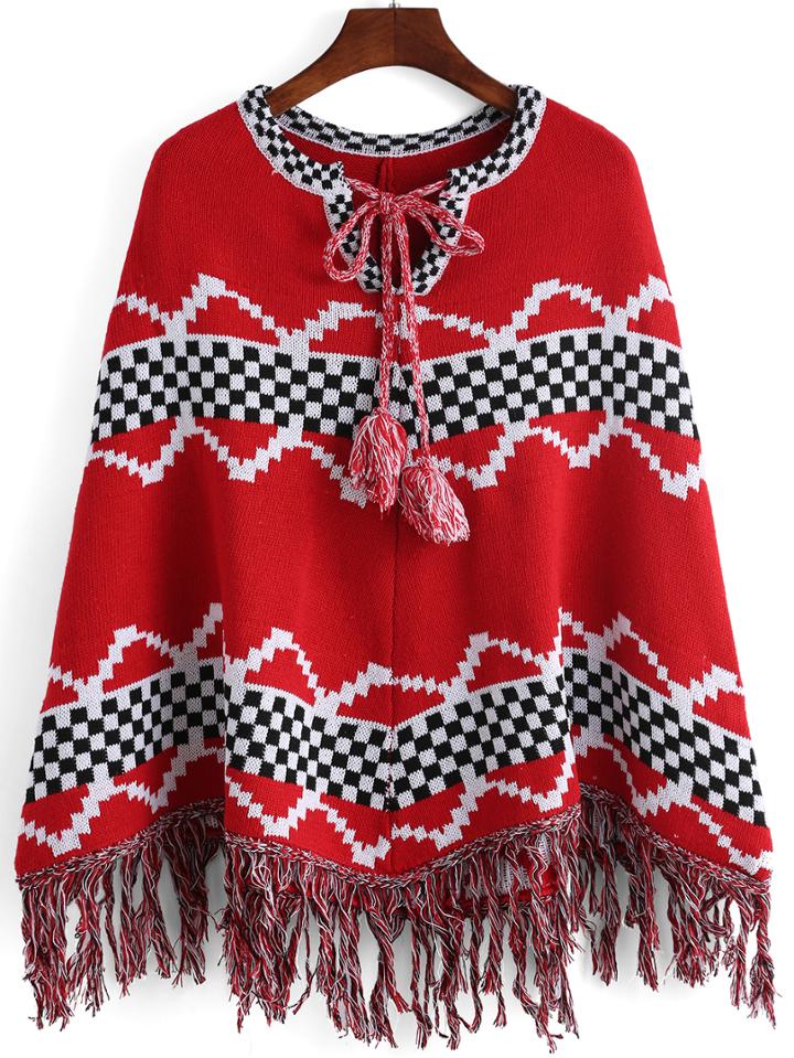 Romwe Geometric Print Fringe Lace Up Red Poncho