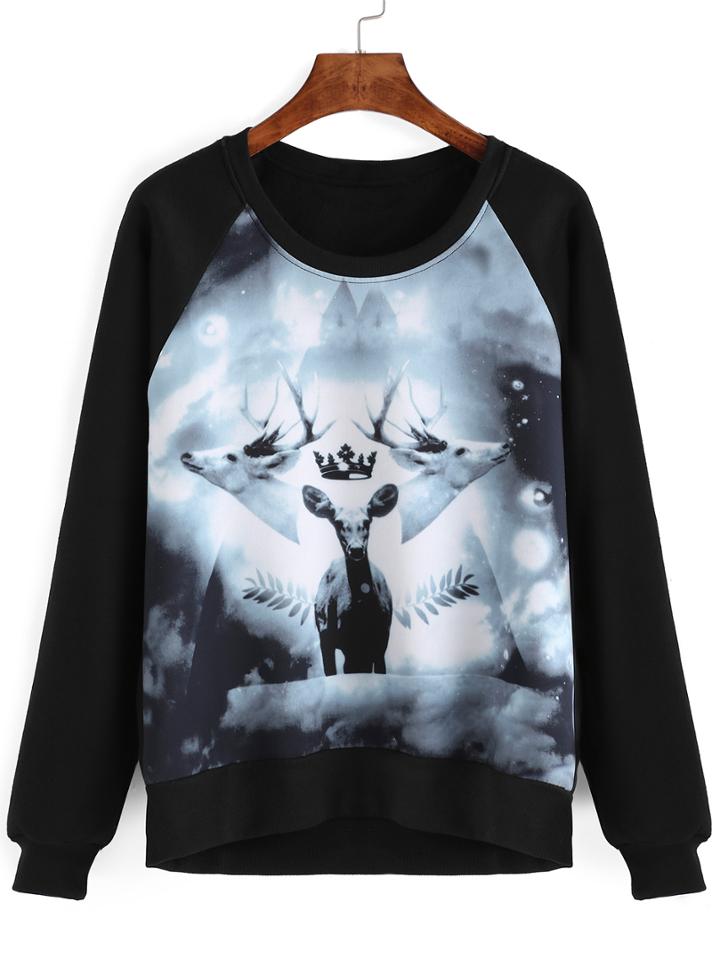 Romwe Crew Neck Moose Print Sweatshirt