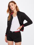 Romwe Striped Trim Zip Up Jacket With Shorts