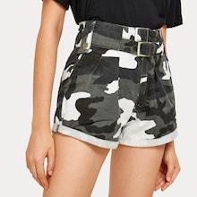 Romwe Camouflage Print Roll Up Hem Denim Shorts