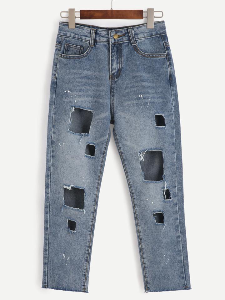 Romwe Blue Ripped Paint Splatter Jeans