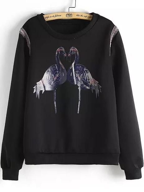 Romwe Birds Print Black Sweatshirt