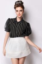 Romwe Lapel Puff Sleeve Vertical Striped Chiffon Black Blouse