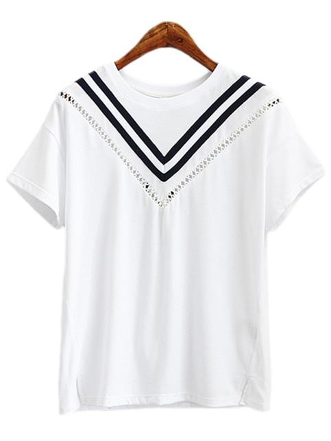 Romwe White Short Sleeve Contrast Stripe T-shirt