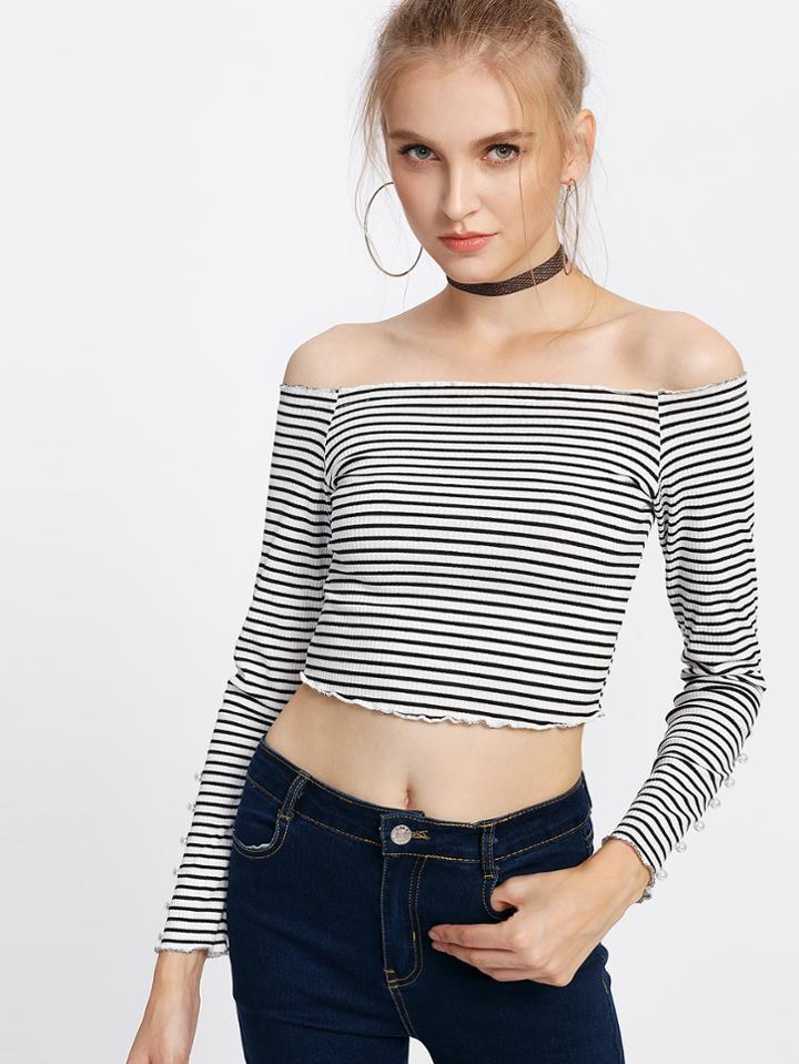 Romwe Lettuce Edge Rib Knit Striped Bardot Top